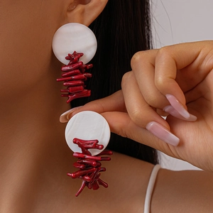 Orecchini Pendenti Ramo Corallo Resina Conchiglia Con Perno Argento Sterling 925 Irregolare Tondo Rosso Bianco