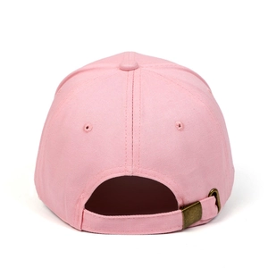 Rear view of a pink cotton embroidery baseball cap with adjustable metal slider buckle