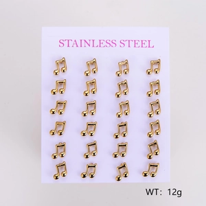 Set of 12 pairs of musical note stainless steel earrings in gold finish on display card