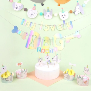 Set decorazioni compleanno per animali con striscione a tema cane e topper per torta