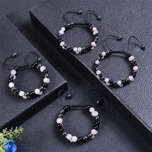 Set of four adjustable rose quartz and obsidian beaded bracelets for couples