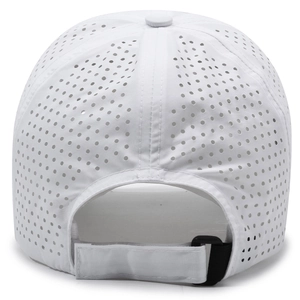 White breathable laser-cut baseball cap with adjustable Velcro strap back view