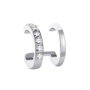 Macro shot of silver double-layered ear cuff with six round cubic zirconia gemstones