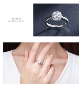 Macro view and model shot of S925 silver ring with square zircon and halo setting