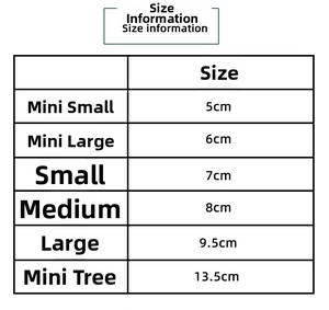 Size information table for mini artificial pine trees ranging from 5cm to 13.5cm height