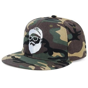 Jungle camo snapback hat featuring a bearded man 3D embroidery and flat brim design