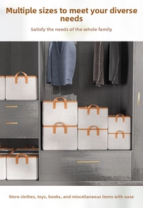 Polyester-cotton closet organizers in various sizes with leather handles for storage