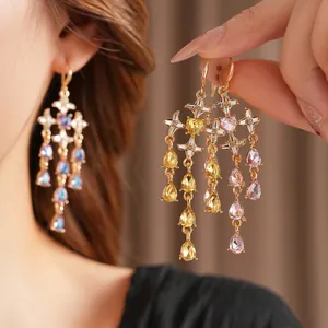 Elegant gold-plated star and heart drop earrings with colorful zircon tassels for women