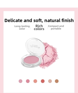 Close-up of matte single color blush in pink tones with fine powder texture details