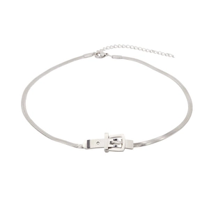 Minimalist silver snake chain necklace with a unique belt buckle pendant on white background