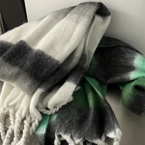 Thick gradient mohair scarf with tassels in green and black for winter warmth
