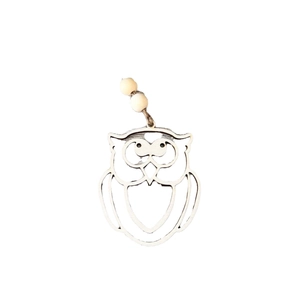 Minimalist wooden owl ornament with hollow carving and beads for car or tree