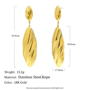 Vintage style 18K gold plated stainless steel long drop earrings with striped shell pendants