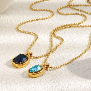 18K gold plated stainless steel bead chain necklace with blue zircon oval pendants