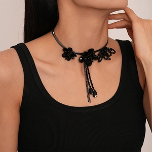 Gothic dark style floral choker necklace with black flower bead tassels on model