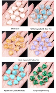 Detailed grid of six assorted heart gemstone connectors with elegant gold-plated edging