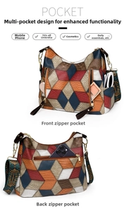 Detailed view of spacious patchwork tote bag featuring colorful geometric leather textures