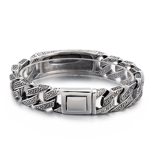 Vintage oxidized silver tiger head bracelet with Greek key pattern in stainless steel