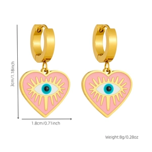 Pink heart evil eye earrings in gold plated stainless steel with size and weight info