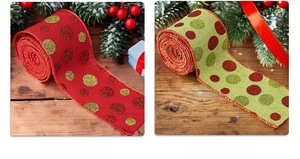 Close-up of red and green glitter polka dot ribbons with wire edges for Christmas decor