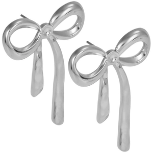 Detail view of silver 304 stainless steel bow earrings with metallic tassel drop design