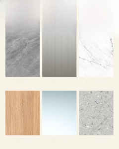 Guide showing compatible surfaces like tile, marble, and wood for the wall tissue box