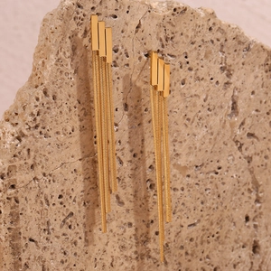 Detail of 18K gold-plated geometric tiered earrings with long fringe chains on stone