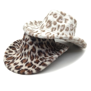 Leopard print plush cowboy hats in light and dark brown faux fur for winter style