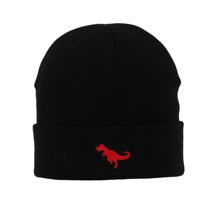 Close-up of fine knit texture and red dinosaur embroidery on black winter beanie hat