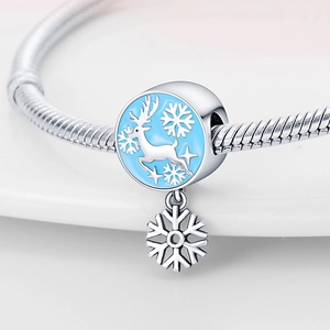 Silver Christmas elk and snowflake charm bead with blue enamel on snake chain bracelet