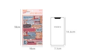 Detail of 6-piece vintage PET sticker pack showing 18cm by 10cm size scale with phone