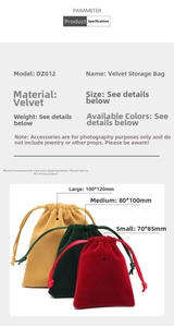 Size comparison chart for soft velvet drawstring jewelry pouches in three dimensions