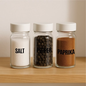 Three glass seasoning jars with white lids and English labels on a wooden shelf