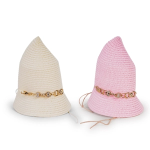 Women's straw sun hats in beige and pink with gold flower chains and wide brims