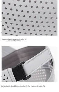 Detail of grey quick-dry cap with large mesh design and adjustable black plastic buckle