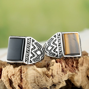 Men Signet Ring Stainless Steel With Square Tiger Eye Black Stone Vintage Greek Key Pattern Retro Jewelry