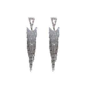 Elegant silver long tassel earrings with sparkling rhinestone triangles and fringe drops