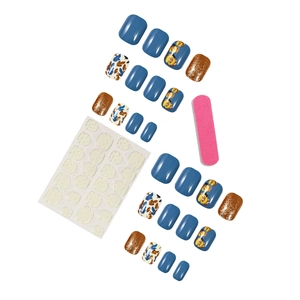Pumpkin leaf theme press-on nails set with navy blue, bronze glitter and floral patterns