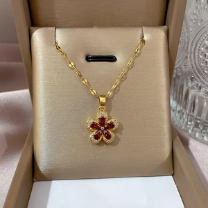 Flower Pendant Necklace Pomegranate Red Zircon Stainless Steel Chain Luxury Elegant Clavicle Jewelry Women Gold Plated