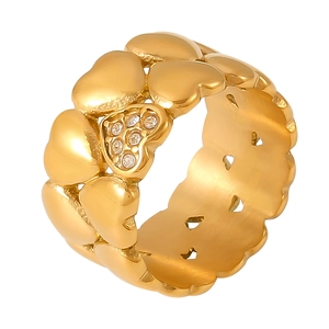 Vintage 18K gold plated stainless steel layered heart ring with sparkling crystals