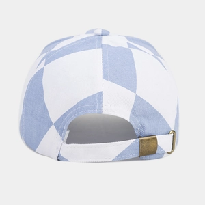 Detail of blue and white checkered baseball cap with adjustable bronze metal buckle back
