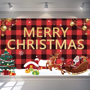 Large Merry Christmas banner with gold glitter text on red and black plaid background