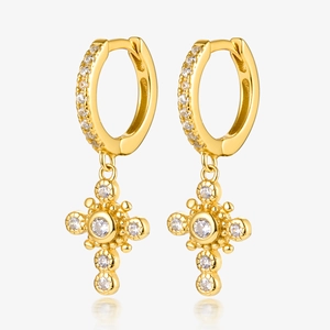 925 Sterling Silver Cross Hoop Earrings For Women Men Pave Rhinestone Small Gold Silver Dangle Earrings Jewelry Gift