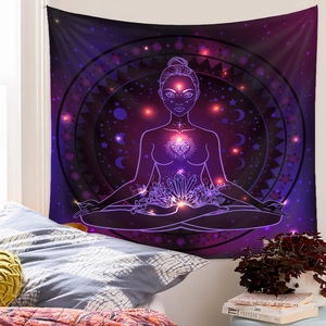 Bedroom setting with meditation goddess tapestry featuring starry night and purple moonlight