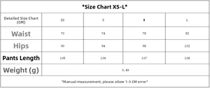 Detailed size chart for women's striped set including waist and hip measurements from XS to L