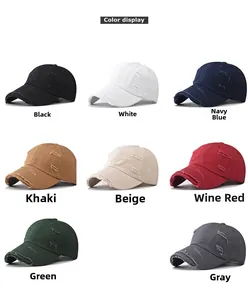 Detailed color display of distressed washed baseball caps in eight various neutral shades