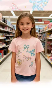 Pink cotton kids T-shirt featuring colorful horse and bow prints in a casual half-body view