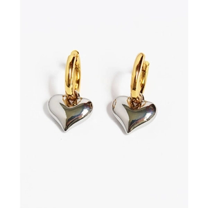 Vintage heart hoop earrings featuring a two-tone gold and silver minimalist metal design