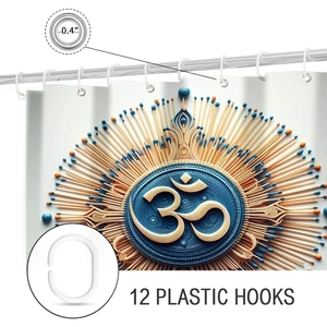 Detail of shower curtain with 12 white plastic hooks and 0.4 inch metal grommets