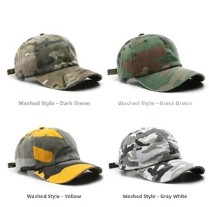 Détails montrant quatre coloris camouflage de casquettes de baseball ajustables en coton